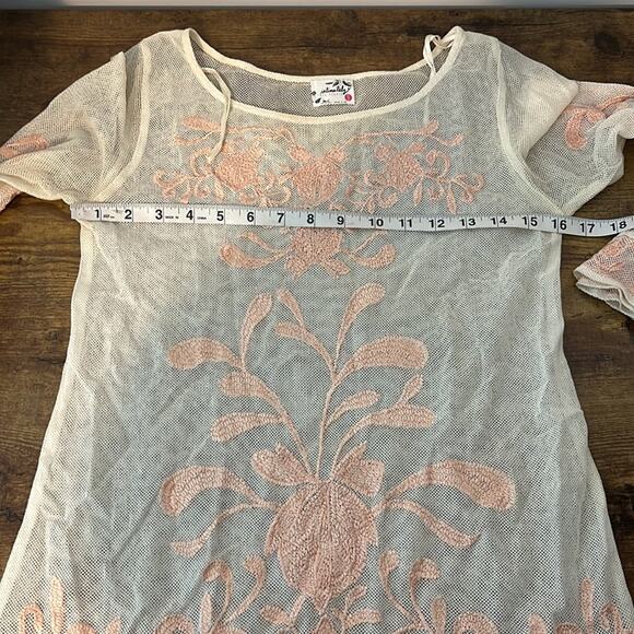 Free People Cream & Pink Mesh Embroidered Bell Sleeve Cotton Blend Tunic Top - Picture 9 of 11